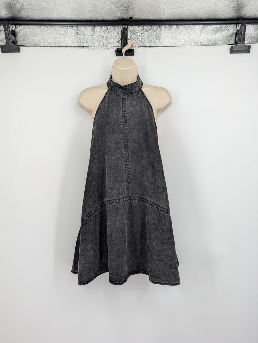 Free People Solid Rising Halter Dress Black Denim XS Skater Boho Hippie Casual